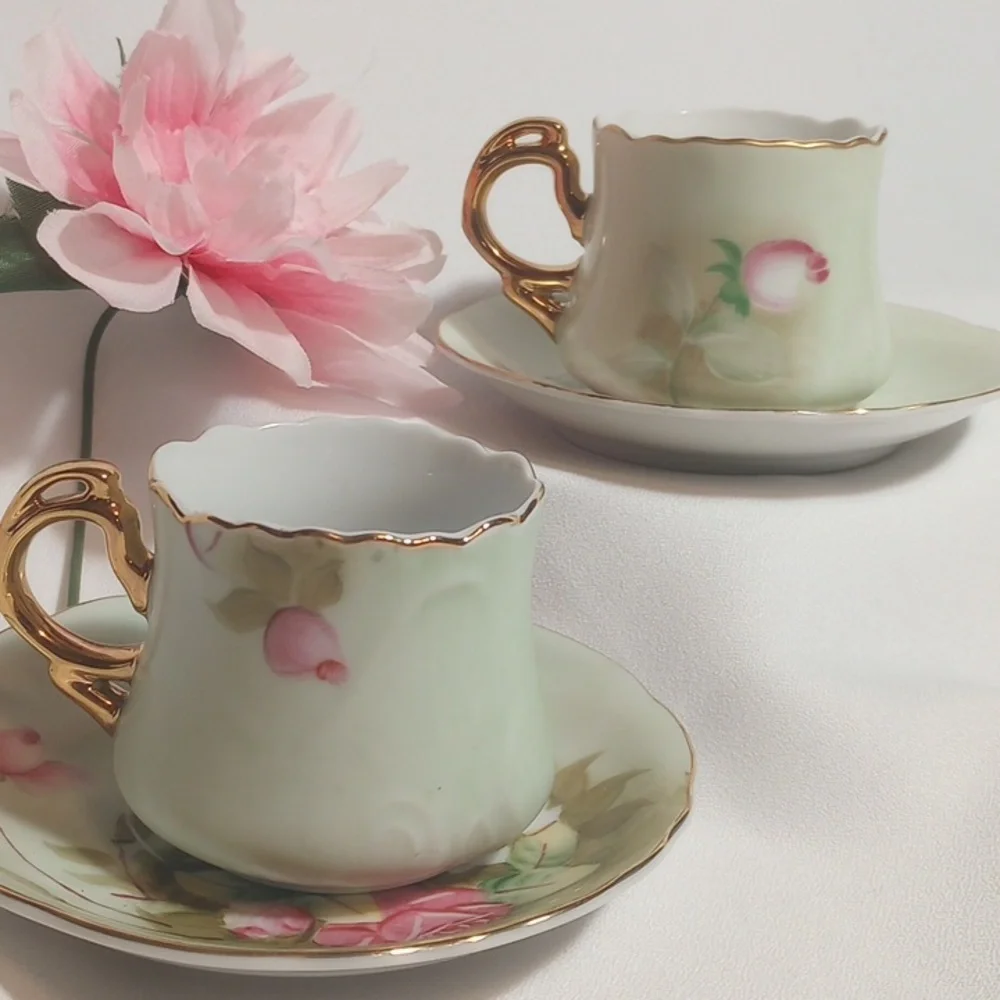 ◀️ Lefton Heritage Green/Heritage Roses Demitasse Cups w/Saucers - Picture 4 of 11